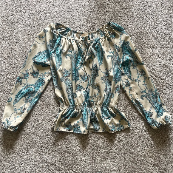 Michael Kors Paisley Long sleeve Scoop neck front tie top cream blue size M - Picture 2 of 9